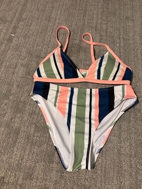 Women’s Striped Two-Piece Swim Set in Peach, Green & Navy